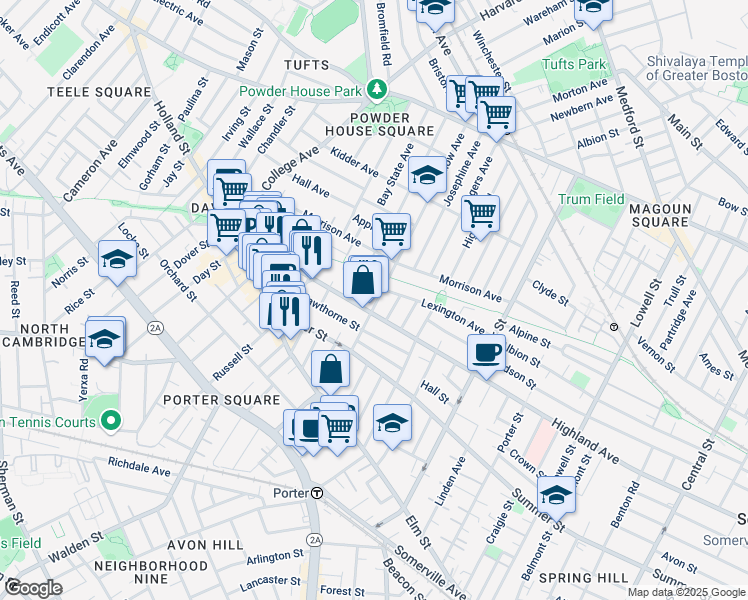 map of restaurants, bars, coffee shops, grocery stores, and more near 100 Willow Avenue in Somerville