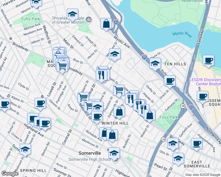 map of restaurants, bars, coffee shops, grocery stores, and more near 379 Broadway in Somerville