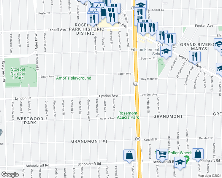 map of restaurants, bars, coffee shops, grocery stores, and more near 14543 Penrod Street in Detroit