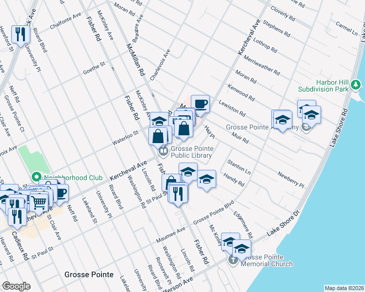 map of restaurants, bars, coffee shops, grocery stores, and more near 66 Kercheval Avenue in Grosse Pointe Farms
