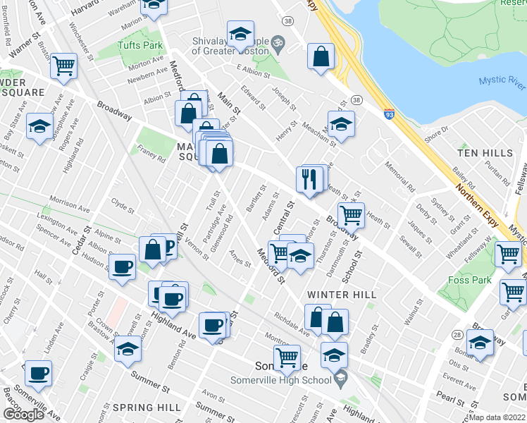 map of restaurants, bars, coffee shops, grocery stores, and more near 38 Adams Street in Somerville