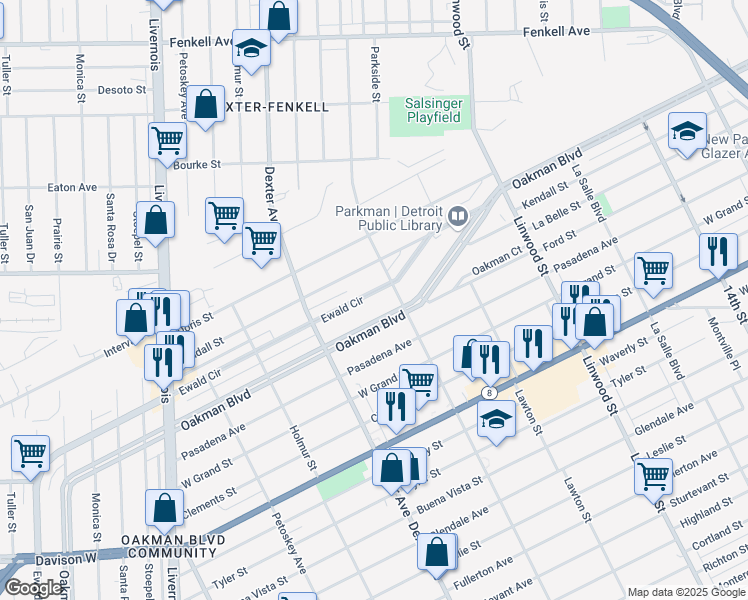 map of restaurants, bars, coffee shops, grocery stores, and more near 2029 Ewald Circle in Detroit