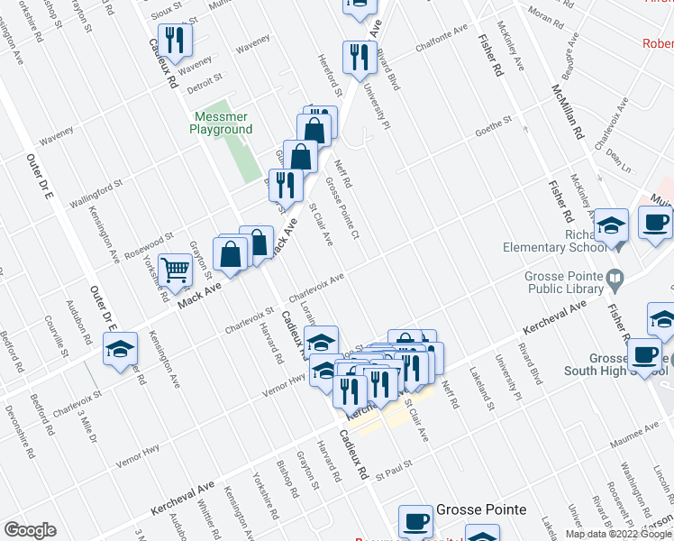 map of restaurants, bars, coffee shops, grocery stores, and more near 813 Saint Clair Avenue in Grosse Pointe