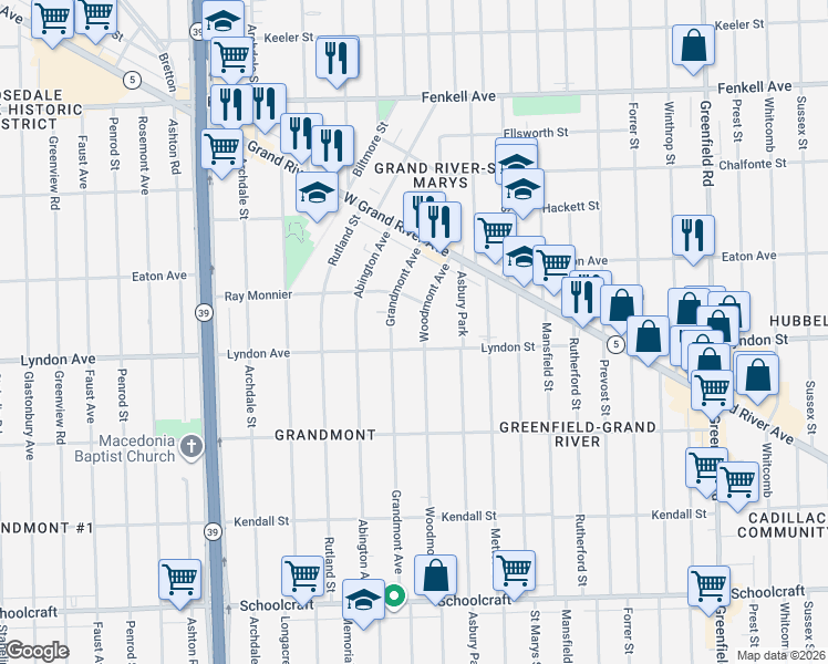 map of restaurants, bars, coffee shops, grocery stores, and more near 14520 Woodmont Avenue in Detroit