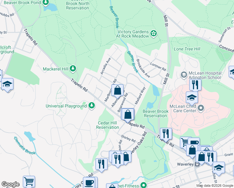 map of restaurants, bars, coffee shops, grocery stores, and more near 11 Copley Avenue in Waltham