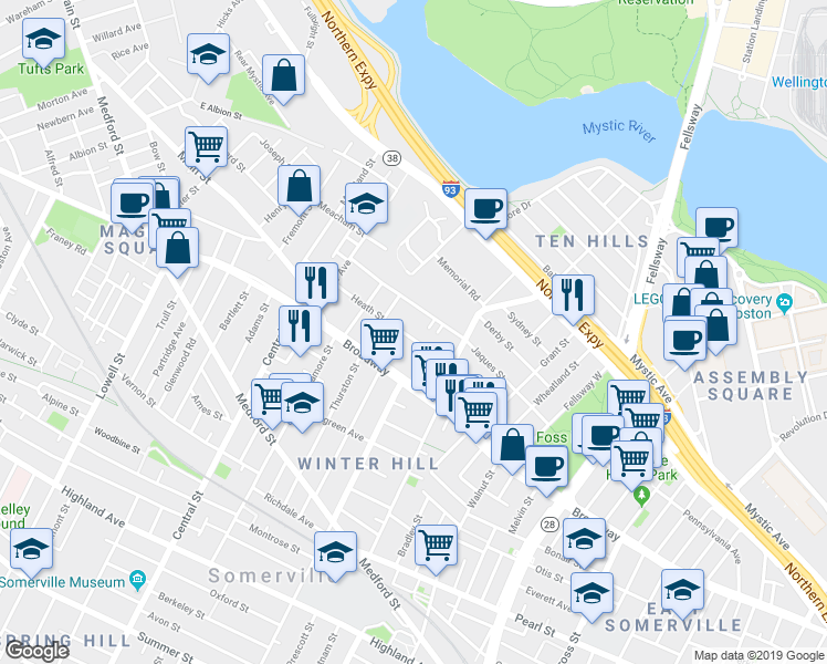 map of restaurants, bars, coffee shops, grocery stores, and more near 41 Heath Street in Somerville