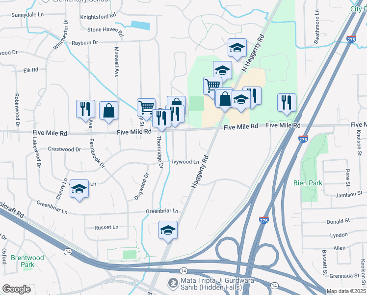 map of restaurants, bars, coffee shops, grocery stores, and more near 15127 Inbrook Drive in Plymouth