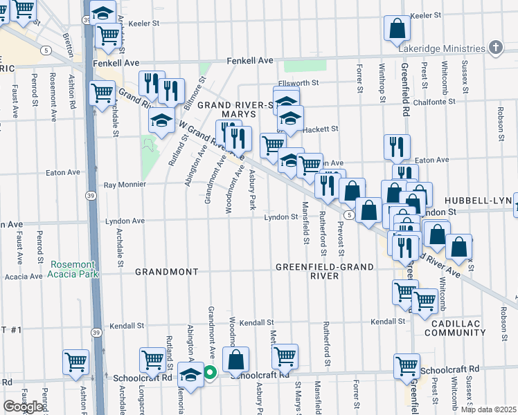 map of restaurants, bars, coffee shops, grocery stores, and more near 14526 Asbury Park in Detroit