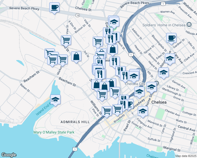 map of restaurants, bars, coffee shops, grocery stores, and more near 164 Everett Avenue in Chelsea