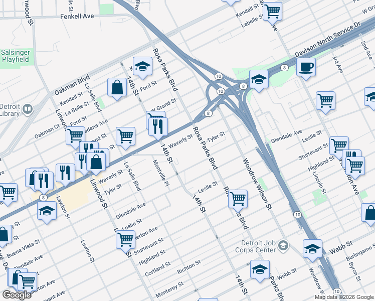 map of restaurants, bars, coffee shops, grocery stores, and more near 13141 Rosa Parks Boulevard in Detroit