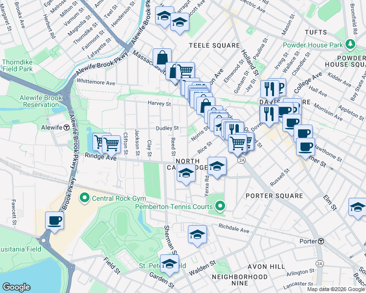 map of restaurants, bars, coffee shops, grocery stores, and more near 53R Cedar Street in Cambridge