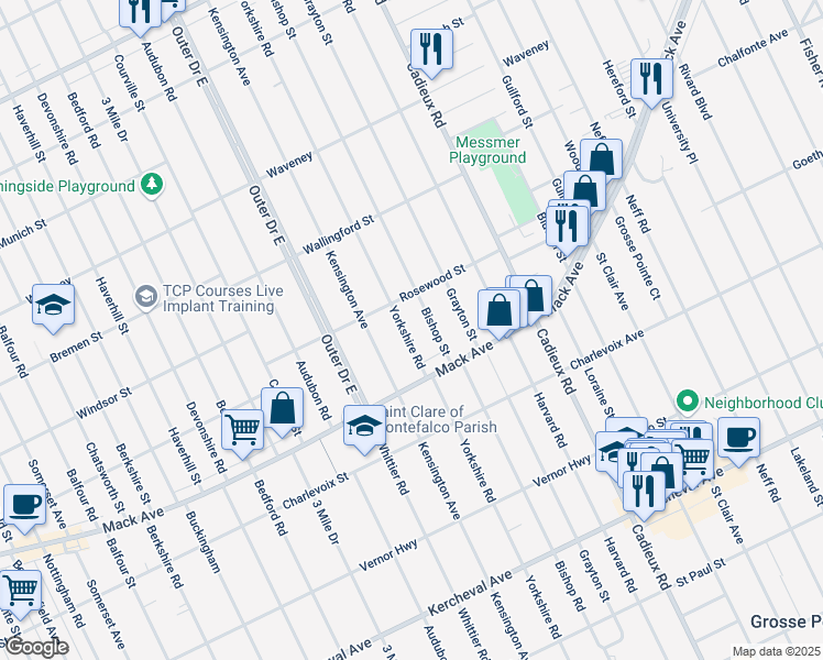 map of restaurants, bars, coffee shops, grocery stores, and more near 3494 Yorkshire Road in Detroit