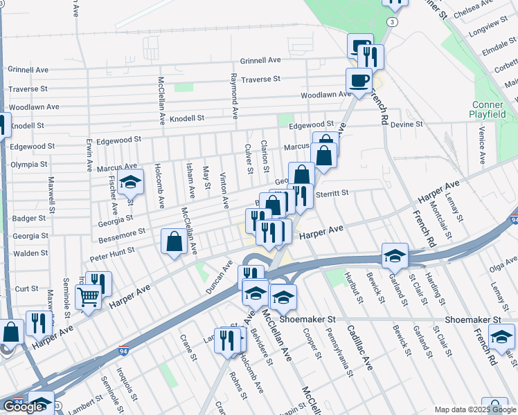 map of restaurants, bars, coffee shops, grocery stores, and more near 9586 Bessemore Street in Detroit