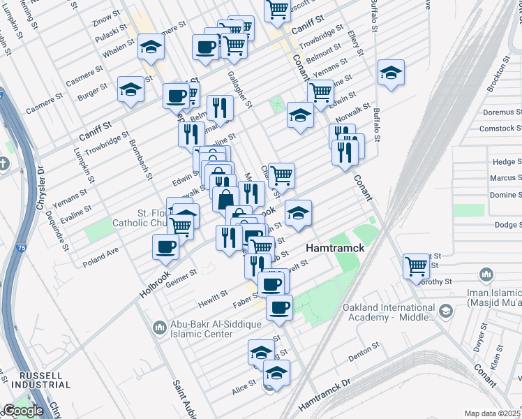 map of restaurants, bars, coffee shops, grocery stores, and more near 3114 Holbrook Avenue in Hamtramck