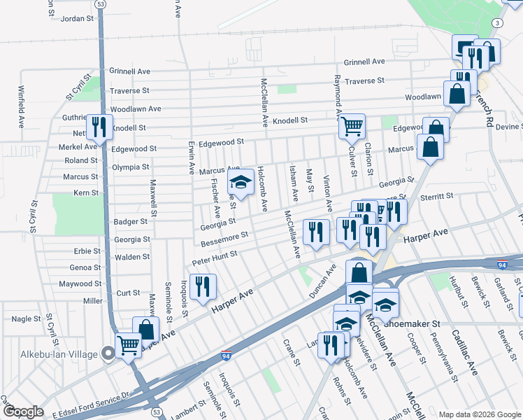 map of restaurants, bars, coffee shops, grocery stores, and more near 8901 Holcomb Avenue in Detroit