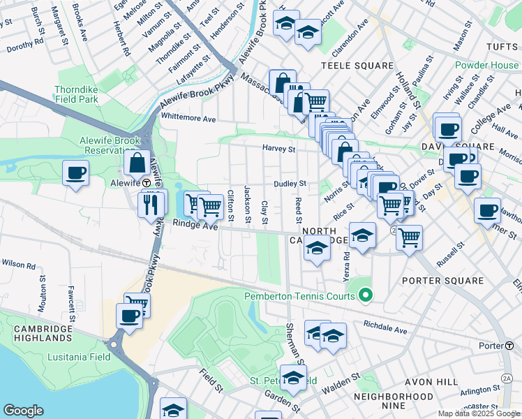 map of restaurants, bars, coffee shops, grocery stores, and more near 34 Clay Street in Cambridge