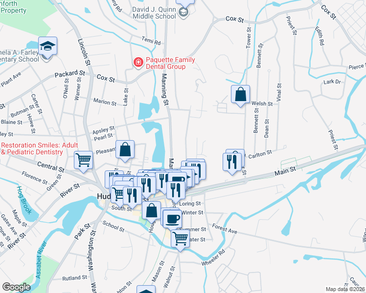 map of restaurants, bars, coffee shops, grocery stores, and more near 42 High Street in Hudson