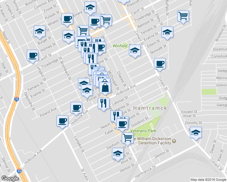 map of restaurants, bars, coffee shops, grocery stores, and more near 9326 Mitchell St in Hamtramck