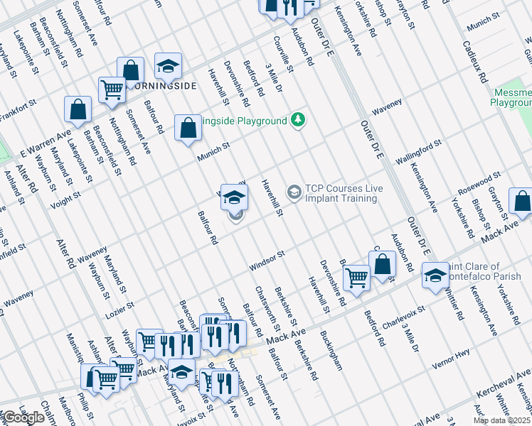 map of restaurants, bars, coffee shops, grocery stores, and more near 4100 Buckingham in Detroit