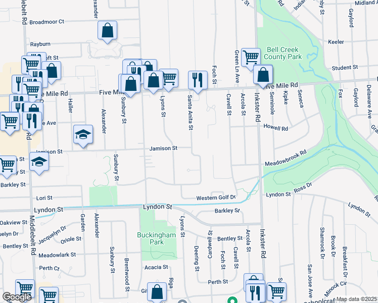 map of restaurants, bars, coffee shops, grocery stores, and more near 28007 Jamison Street in Livonia