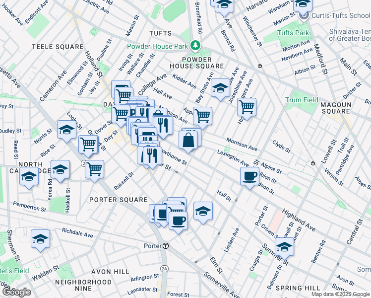 map of restaurants, bars, coffee shops, grocery stores, and more near 359 Highland Avenue in Somerville