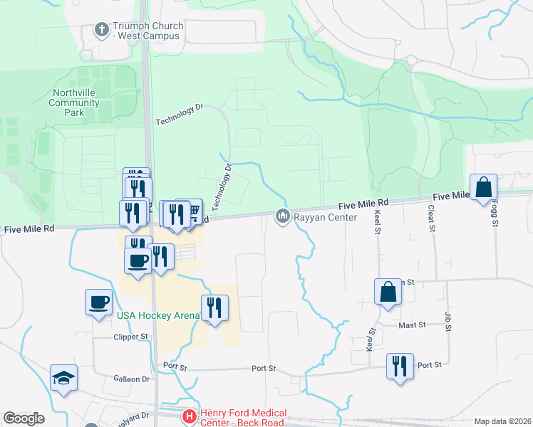 map of restaurants, bars, coffee shops, grocery stores, and more near 46624 Five Mile Road in Northville