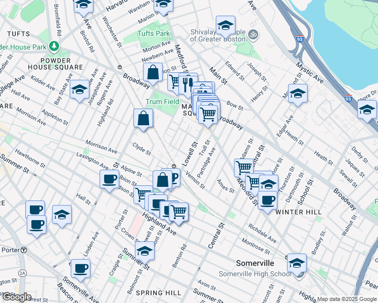 map of restaurants, bars, coffee shops, grocery stores, and more near 38 Trull Street in Somerville