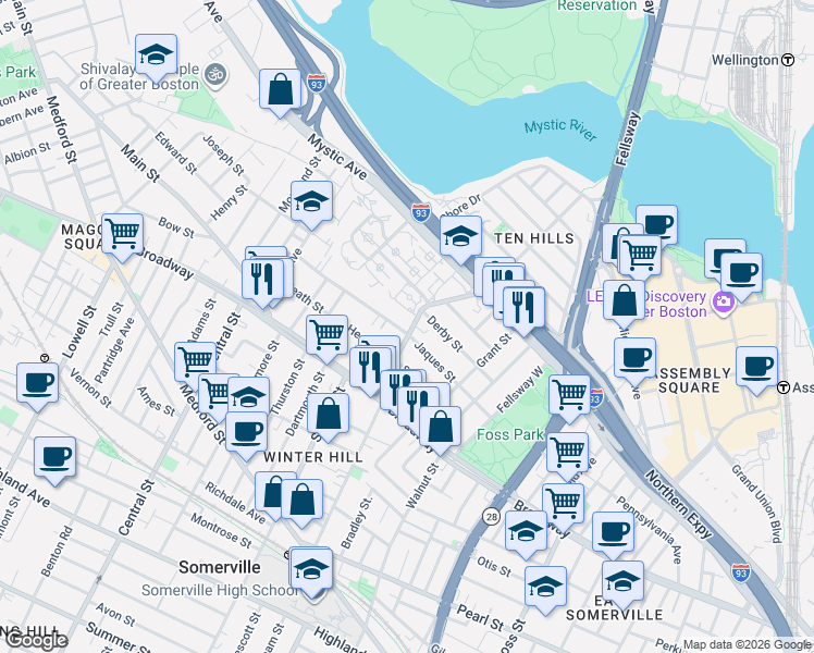 map of restaurants, bars, coffee shops, grocery stores, and more near 66 Jaques Street in Somerville