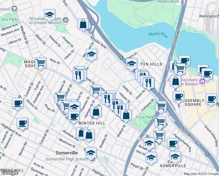 map of restaurants, bars, coffee shops, grocery stores, and more near in Somerville