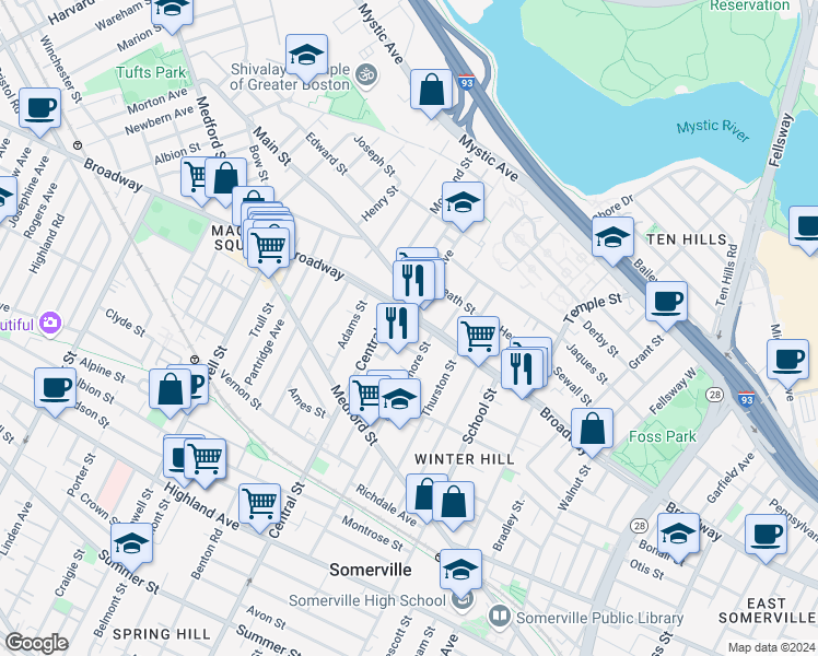 map of restaurants, bars, coffee shops, grocery stores, and more near 201 Central Street in Somerville
