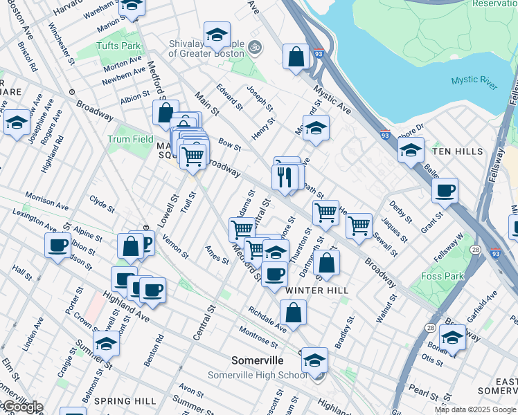 map of restaurants, bars, coffee shops, grocery stores, and more near 43 Adams Street in Somerville