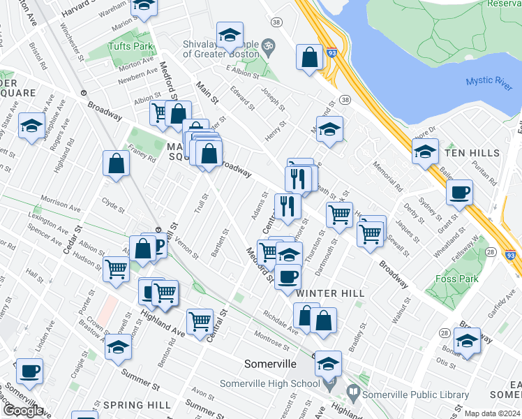 map of restaurants, bars, coffee shops, grocery stores, and more near 43 Adams Street in Somerville