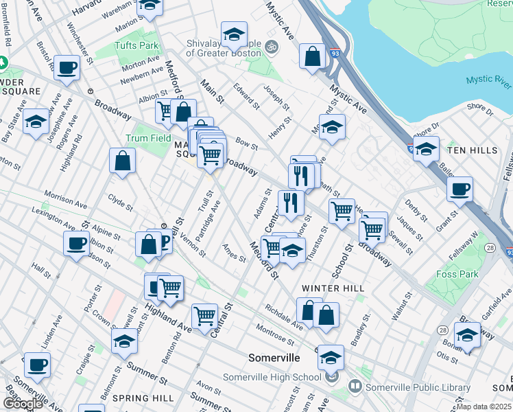 map of restaurants, bars, coffee shops, grocery stores, and more near 43 Adams Street in Somerville