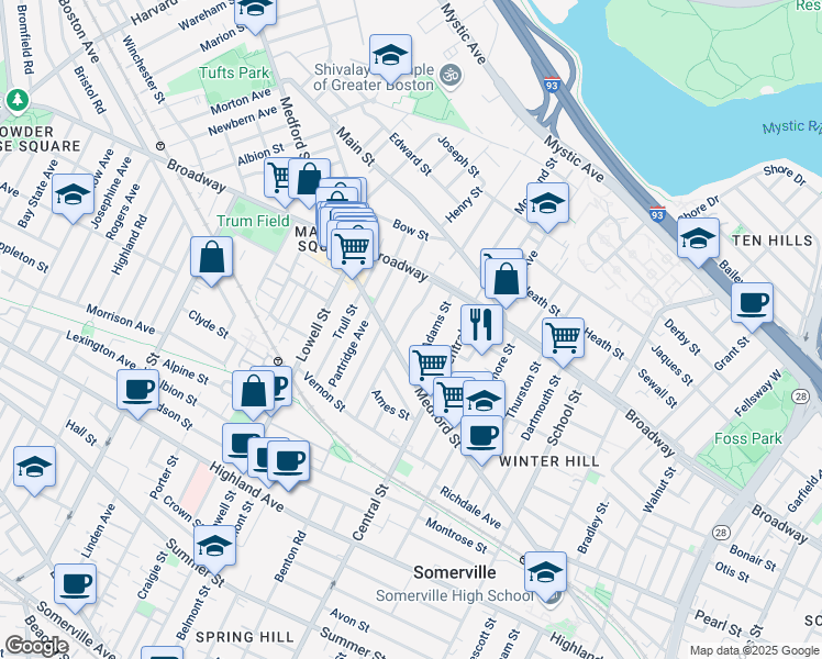 map of restaurants, bars, coffee shops, grocery stores, and more near 81 Bartlett Street in Somerville