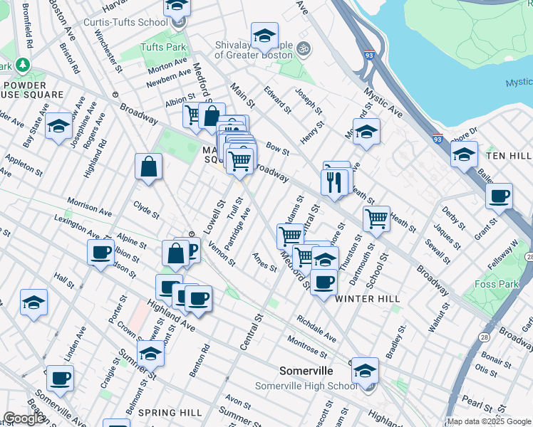 map of restaurants, bars, coffee shops, grocery stores, and more near 81 Bartlett Street in Somerville