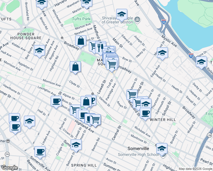map of restaurants, bars, coffee shops, grocery stores, and more near 38 Trull Street in Somerville