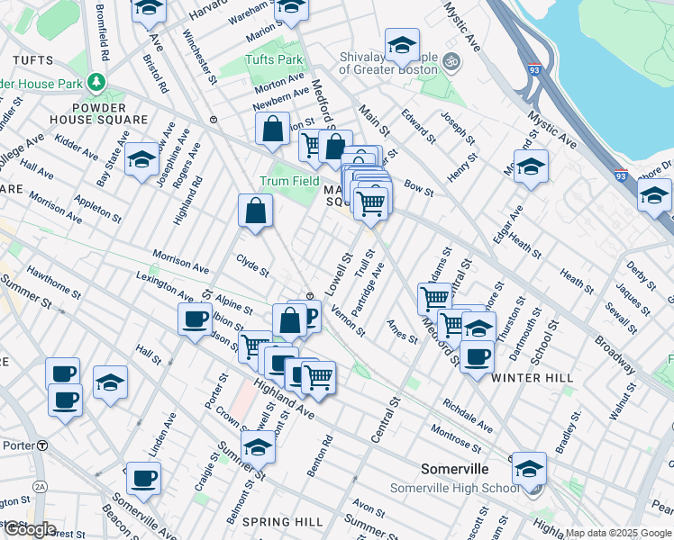 map of restaurants, bars, coffee shops, grocery stores, and more near 38 Trull Street in Somerville
