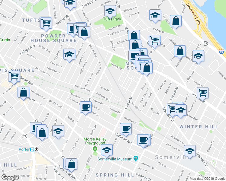 map of restaurants, bars, coffee shops, grocery stores, and more near 58 Clyde Street in Somerville
