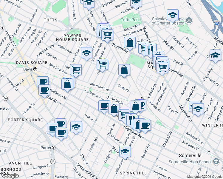 map of restaurants, bars, coffee shops, grocery stores, and more near 181 Cedar Street in Somerville