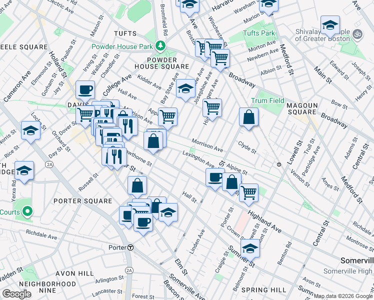 map of restaurants, bars, coffee shops, grocery stores, and more near 82 Lexington Avenue in Somerville
