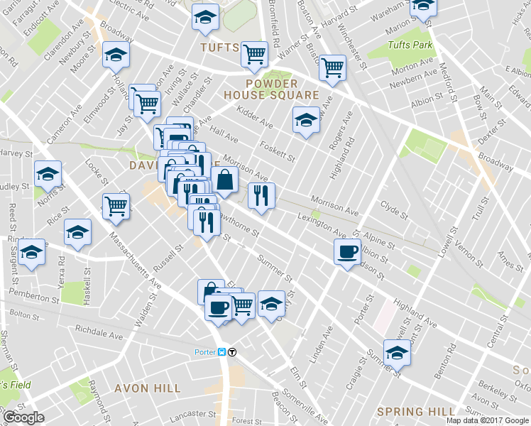map of restaurants, bars, coffee shops, grocery stores, and more near 100 Willow Avenue in Somerville