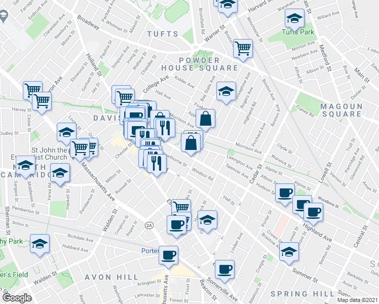 map of restaurants, bars, coffee shops, grocery stores, and more near 362A Highland Avenue in Somerville
