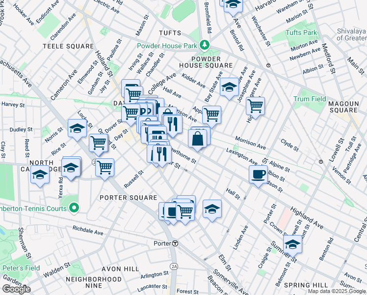 map of restaurants, bars, coffee shops, grocery stores, and more near 362A Highland Avenue in Somerville
