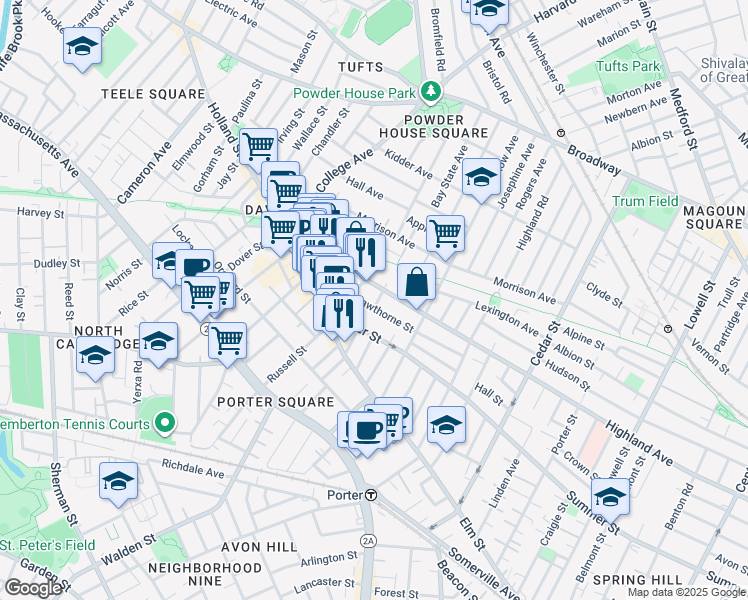 map of restaurants, bars, coffee shops, grocery stores, and more near 378 Highland Avenue in Somerville
