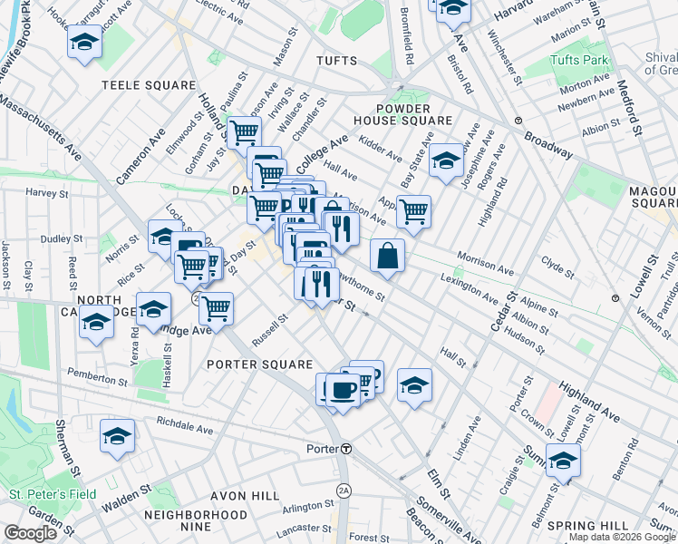 map of restaurants, bars, coffee shops, grocery stores, and more near 378 Highland Avenue in Somerville