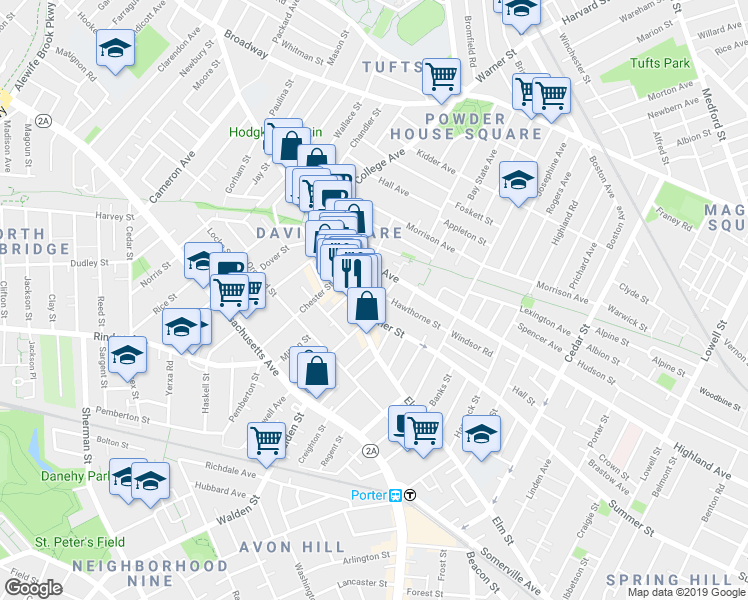 map of restaurants, bars, coffee shops, grocery stores, and more near 217 Elm Street in Somerville