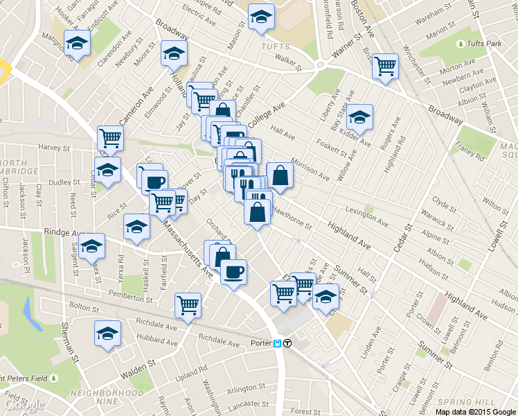 map of restaurants, bars, coffee shops, grocery stores, and more near 217 Elm Street in Somerville
