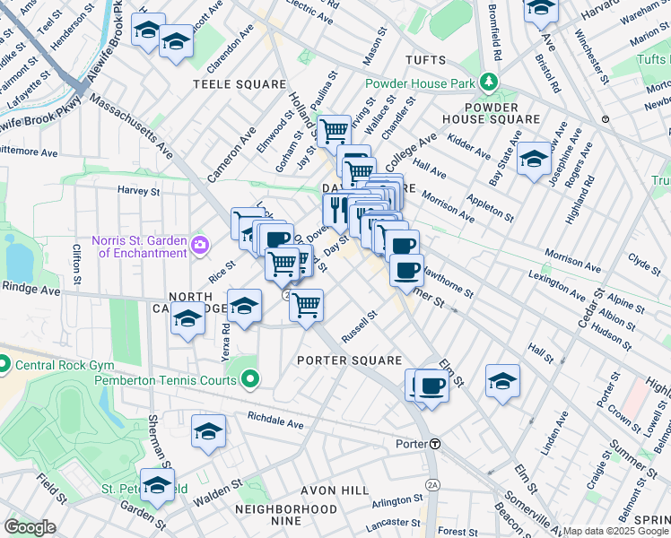 map of restaurants, bars, coffee shops, grocery stores, and more near 123 Orchard Street in Somerville