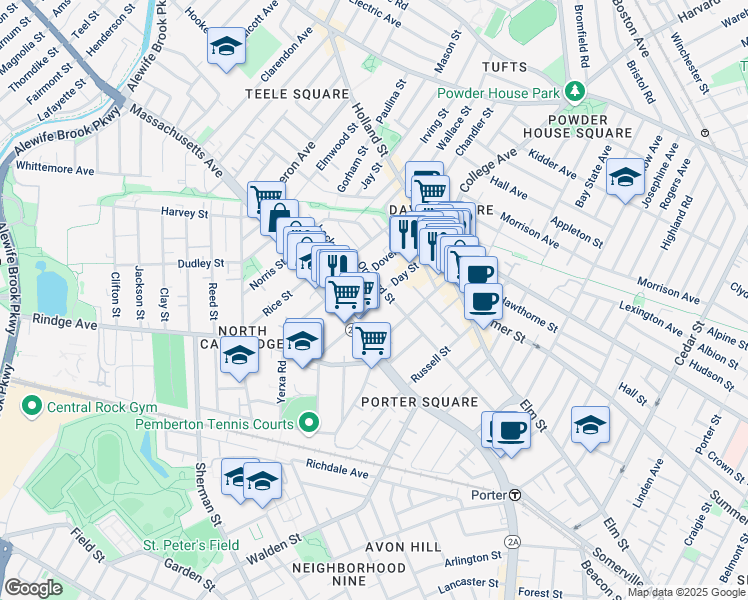 map of restaurants, bars, coffee shops, grocery stores, and more near 15 Day Street in Cambridge