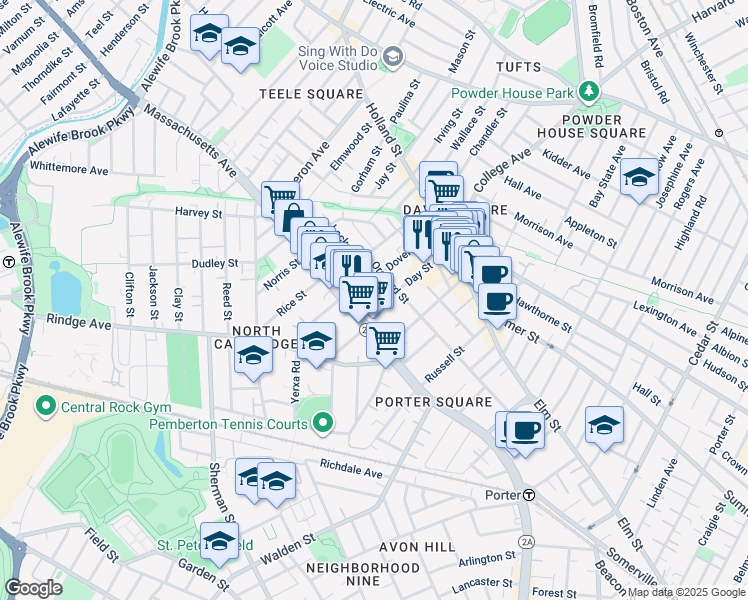 map of restaurants, bars, coffee shops, grocery stores, and more near 15 Day Street in Cambridge